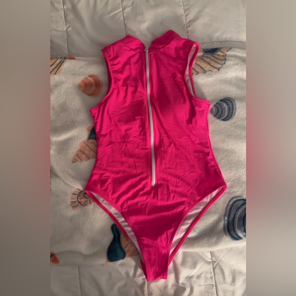 Girls' Hot Pink Zipper Front One-Piece Swimsuit